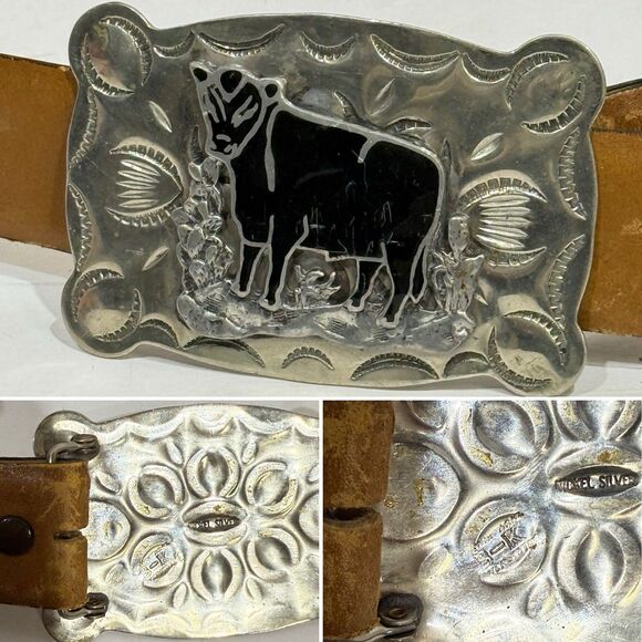 Vintage Firenze Leather Belt 36 Removable Nickel Silver Cow Buckle Argentina - Picture 8 of 16
